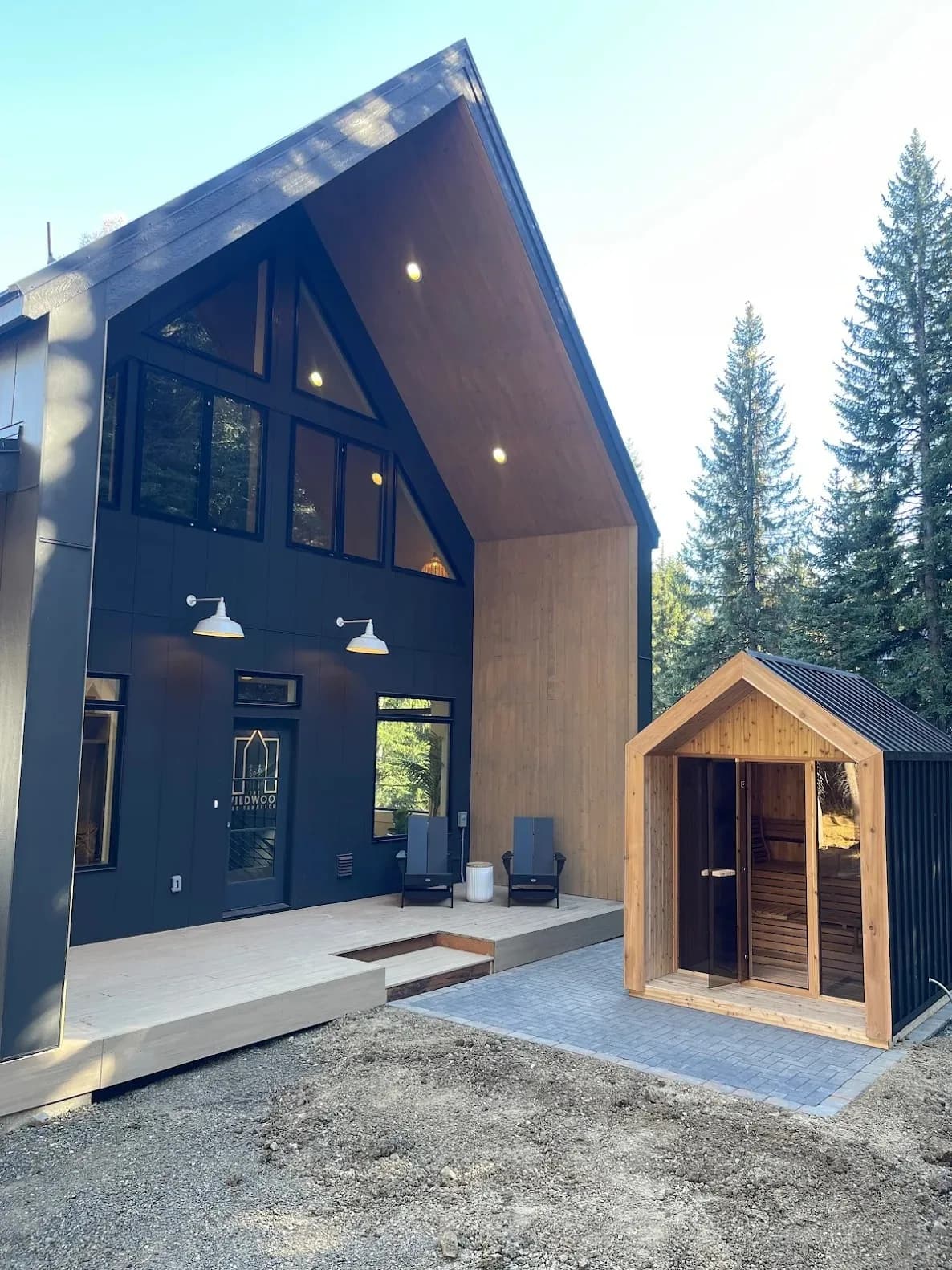 custom paver patio for outdoor sauna modern cabin deck landscape project