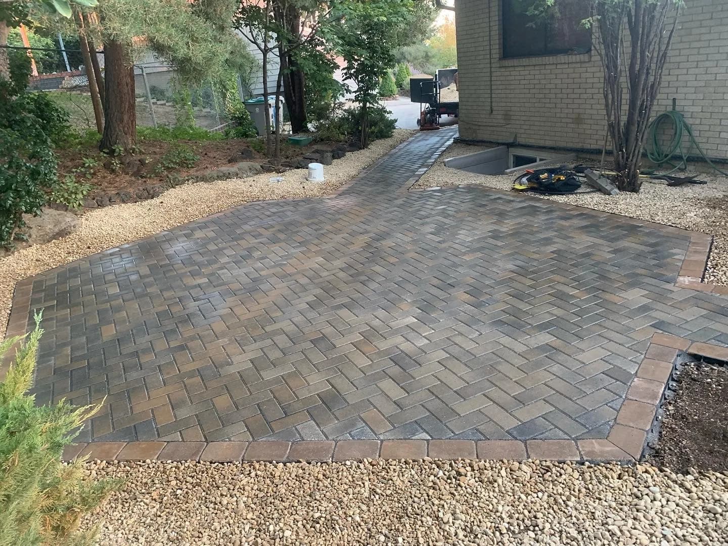 custom paver walkway installation with gravel landscaping meridian id